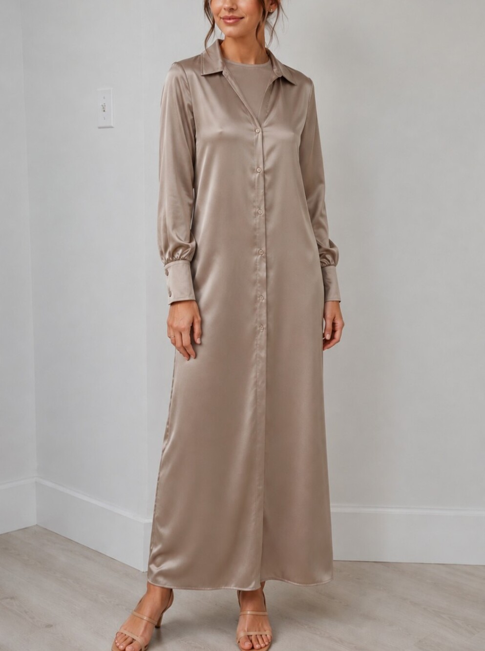 sparrow XS Satin Maxi Shirt Dress in Taupe